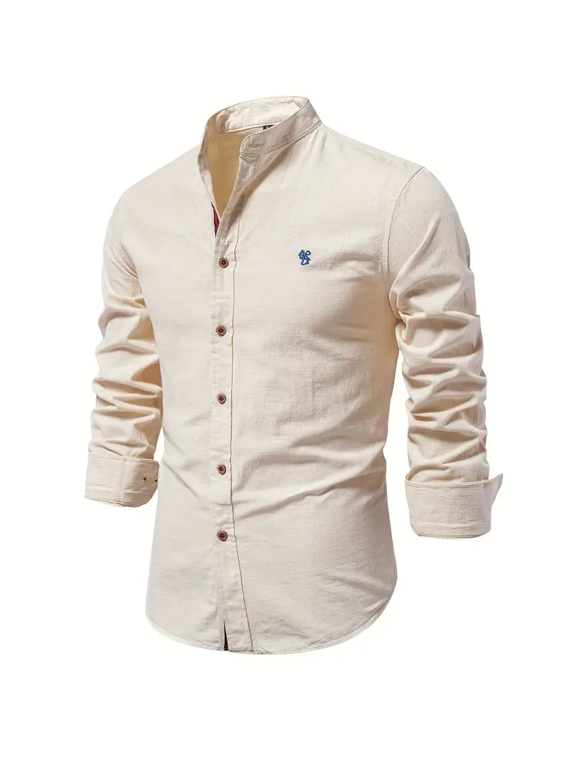 Men’s Stand Collar Linen Shirt Tailored Long Sleeve Button-Up