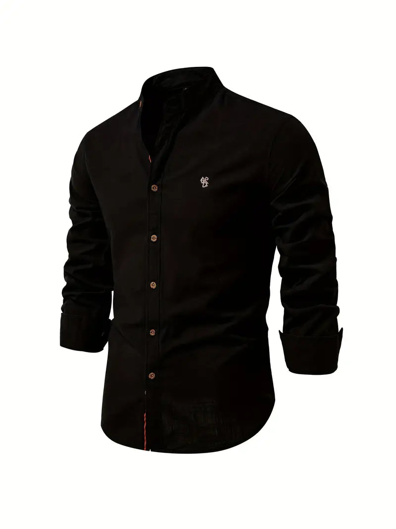 Men’s Stand Collar Linen Shirt Tailored Long Sleeve Button-Up