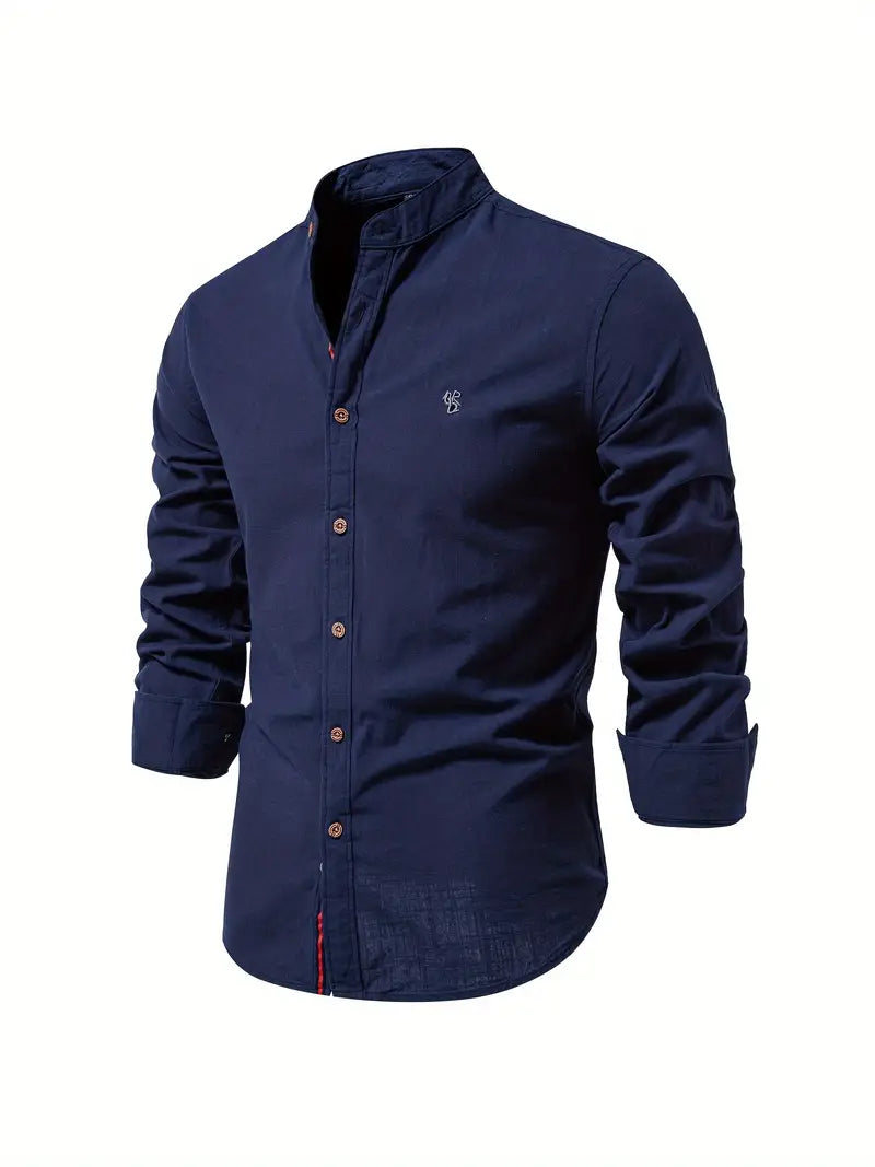 Men’s Stand Collar Linen Shirt Tailored Long Sleeve Button-Up