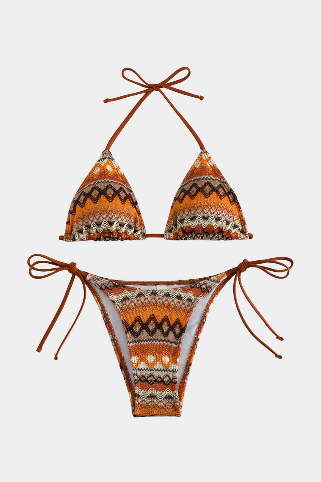 Costume da bagno bikini a triangolo da donna con motivo boho e laccetti laterali