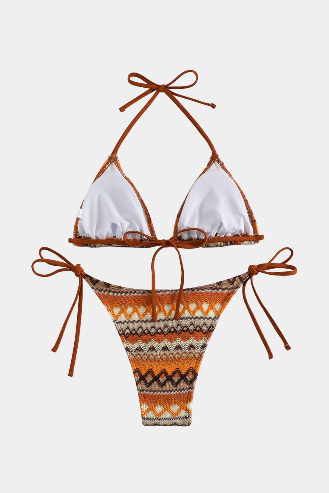 Costume da bagno bikini a triangolo da donna con motivo boho e laccetti laterali