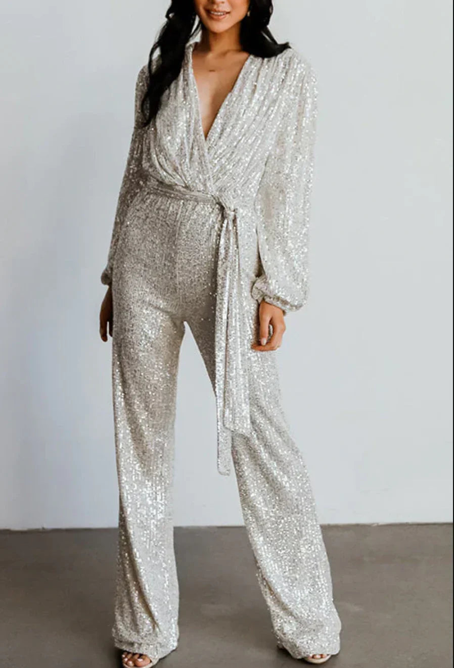 Mono de lentejuelas para mujer – estilo de pierna ancha con cinturón para eventos nocturnos