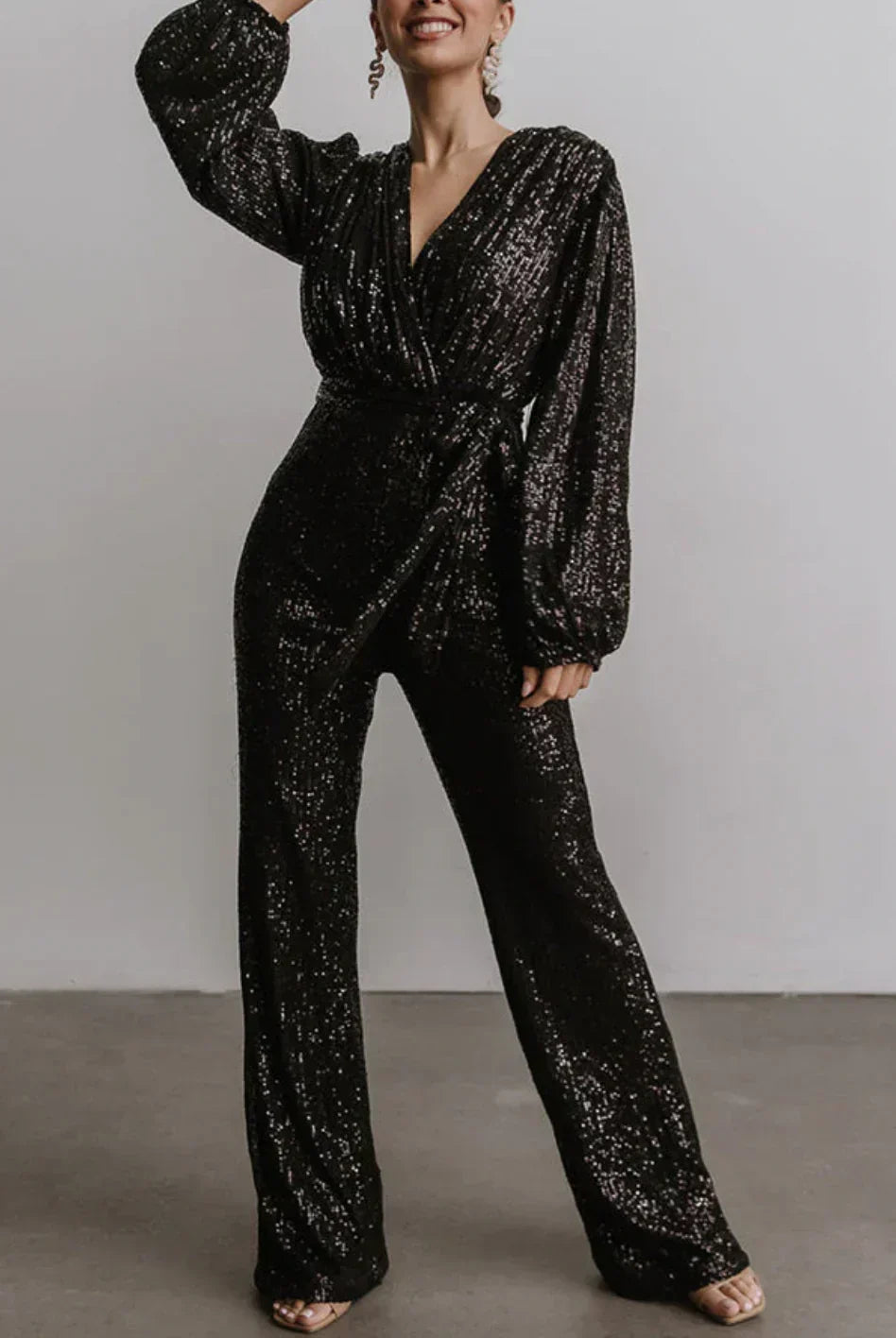 Mono de lentejuelas para mujer – estilo de pierna ancha con cinturón para eventos nocturnos
