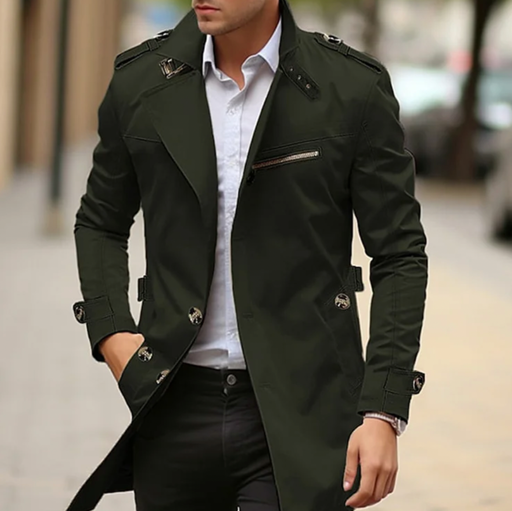 Men’s Military-Inspired Trench Coat – Tailored Mid-Length Layer with Epaulette Details