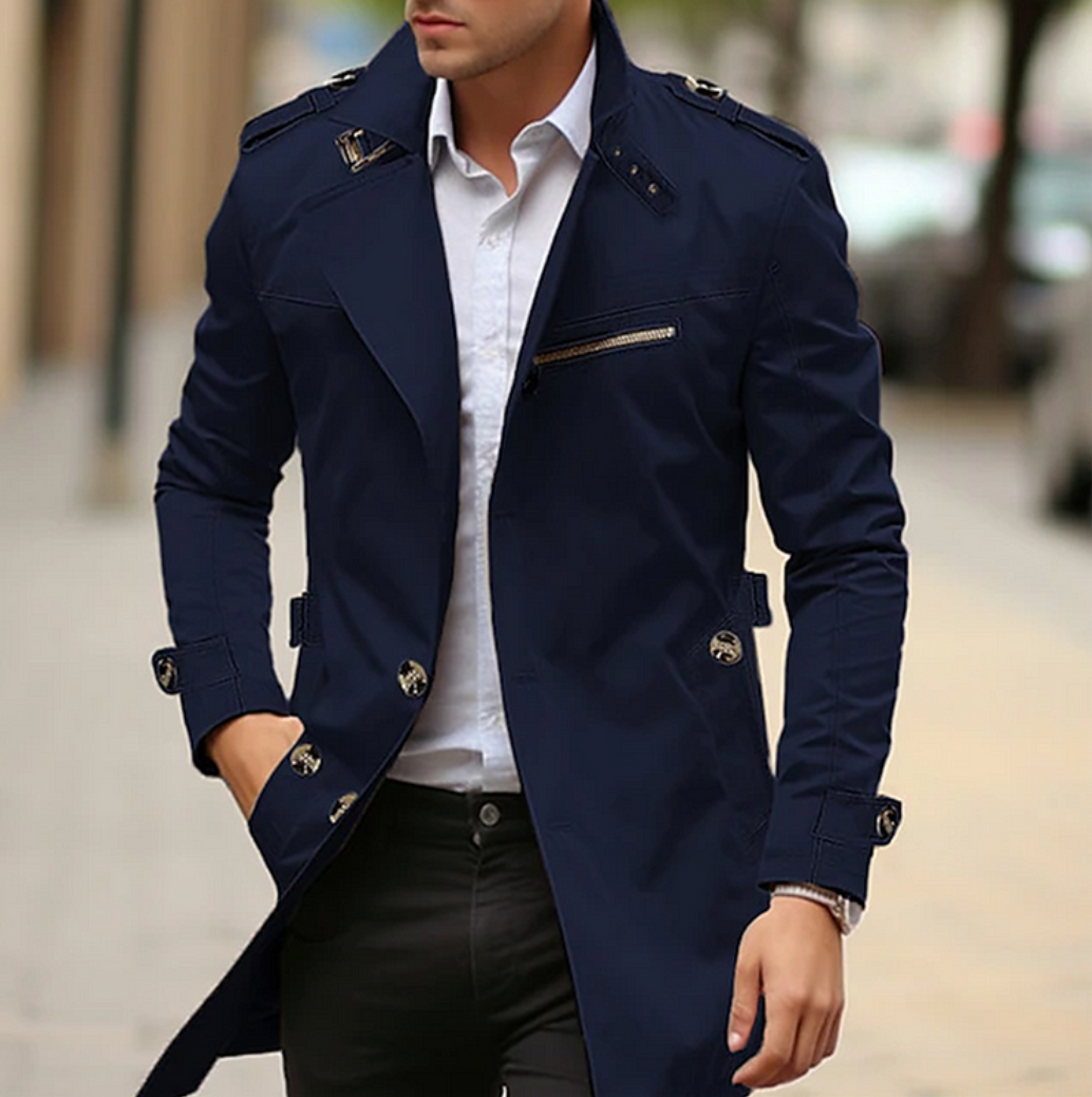 Men’s Military-Inspired Trench Coat – Tailored Mid-Length Layer with Epaulette Details