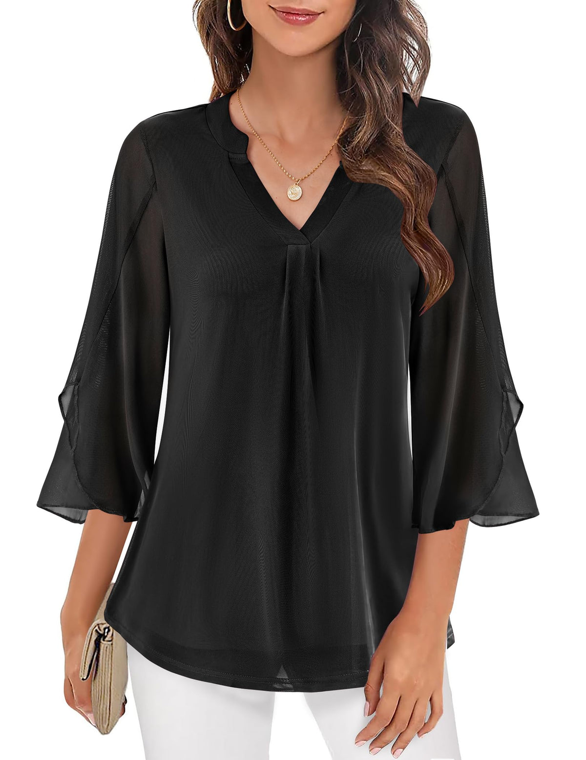 Blusa elegante estampada para mulher, de malha transparente e decote em V, com mangas evasé a três quartos – Top leve em camadas para o escritório e ocasiões casuais elegantes
