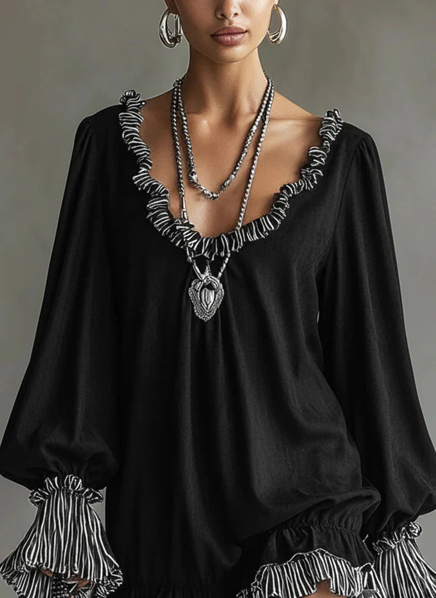 Robe courte à volants et col en V pour femme - style décontracté à manches longues pour les fêtes, les soirées et les occasions spéciales