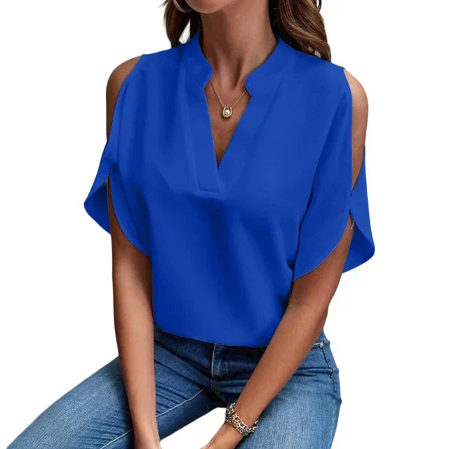 Women’s Cold Shoulder Blouse with Split Flutter Sleeves and Notched V-Neck – Relaxed Summer Style for Work and Dinner Outfits