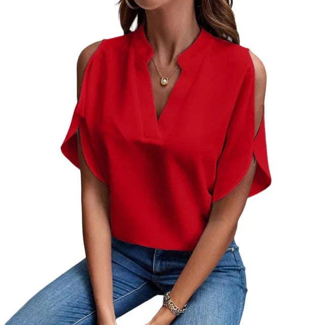 Women’s Cold Shoulder Blouse with Split Flutter Sleeves and Notched V-Neck – Relaxed Summer Style for Work and Dinner Outfits