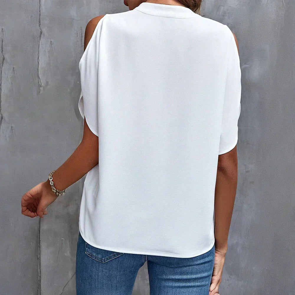 Women’s Cold Shoulder Blouse with Split Flutter Sleeves and Notched V-Neck – Relaxed Summer Style for Work and Dinner Outfits