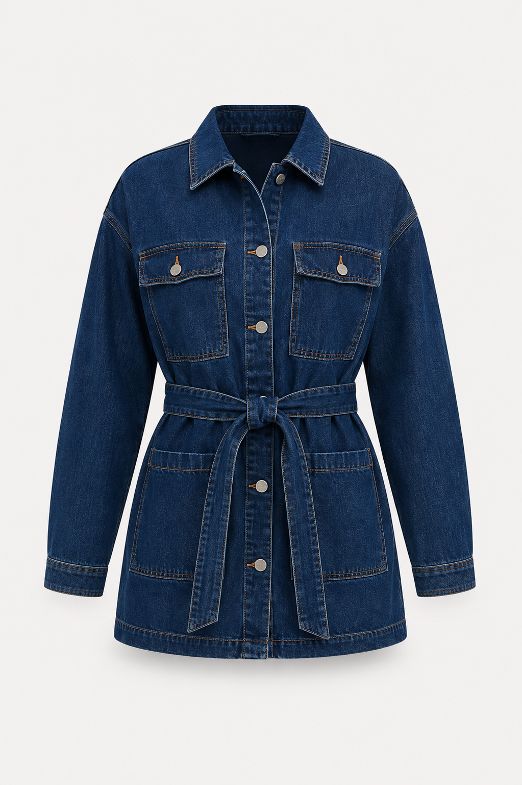 Jachetă utilitară din denim pentru femei, cu cordon – strat supradimensionat cu guler de cămașă pentru primăvară și toamnă