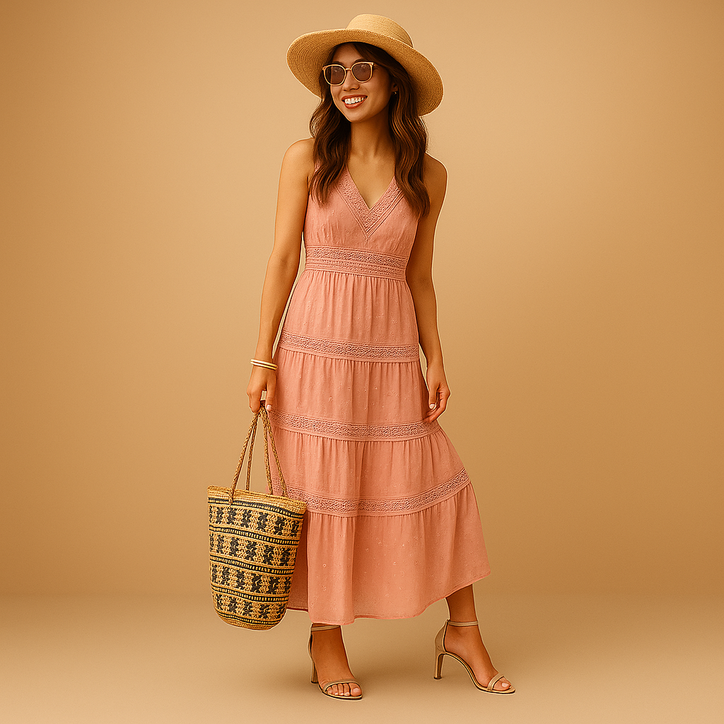 Dámské boho letní šaty lehké, vzdušné, ve stylu Ibiza, volný střih, outfit na plážový festival