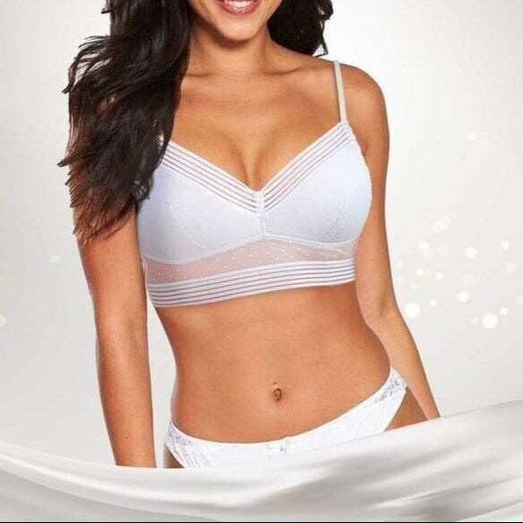 Soutien-gorge sans armatures pour femme, avec empiècements en tulle transparent et décolleté en V - Modèle long à bretelles fines pour tous les jours