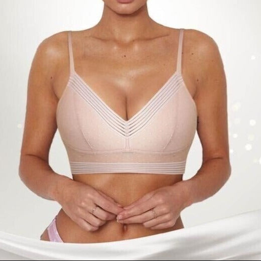 Soutien-gorge sans armatures pour femme, avec empiècements en tulle transparent et décolleté en V - Modèle long à bretelles fines pour tous les jours