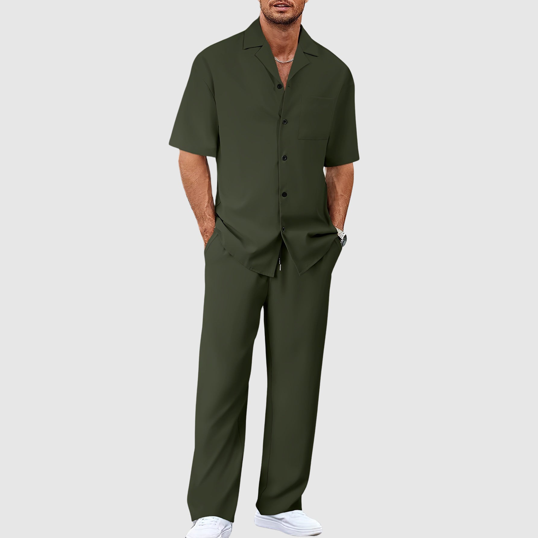 Men’s Resort Co-Ord Set Revere Collar Relaxed Trousers