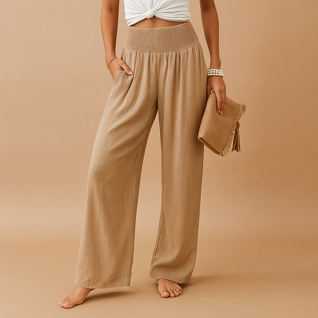 Damen-Leichte Sommerhose mit hoher Taille und weitem Bein – Atmungsaktiver, bodenlanger Stil mit elastischem Bund und Taschen für Urlaub, Reisen und Alltag