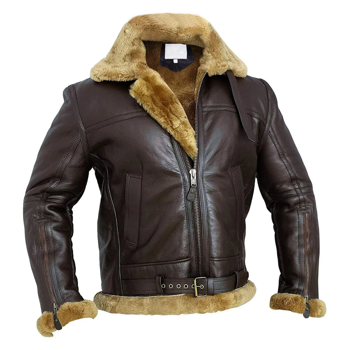 Chaqueta aviador de piel de borrego para hombre – Chaqueta de vuelo de cuero con cintura abrochada y puños con cremallera