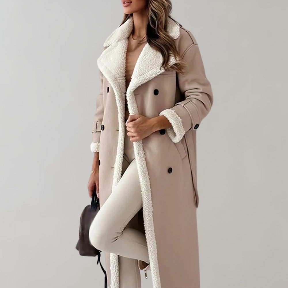 Women’s Shearling-Lined Long Coat – Double-Breasted Winter Layer with Belted Details