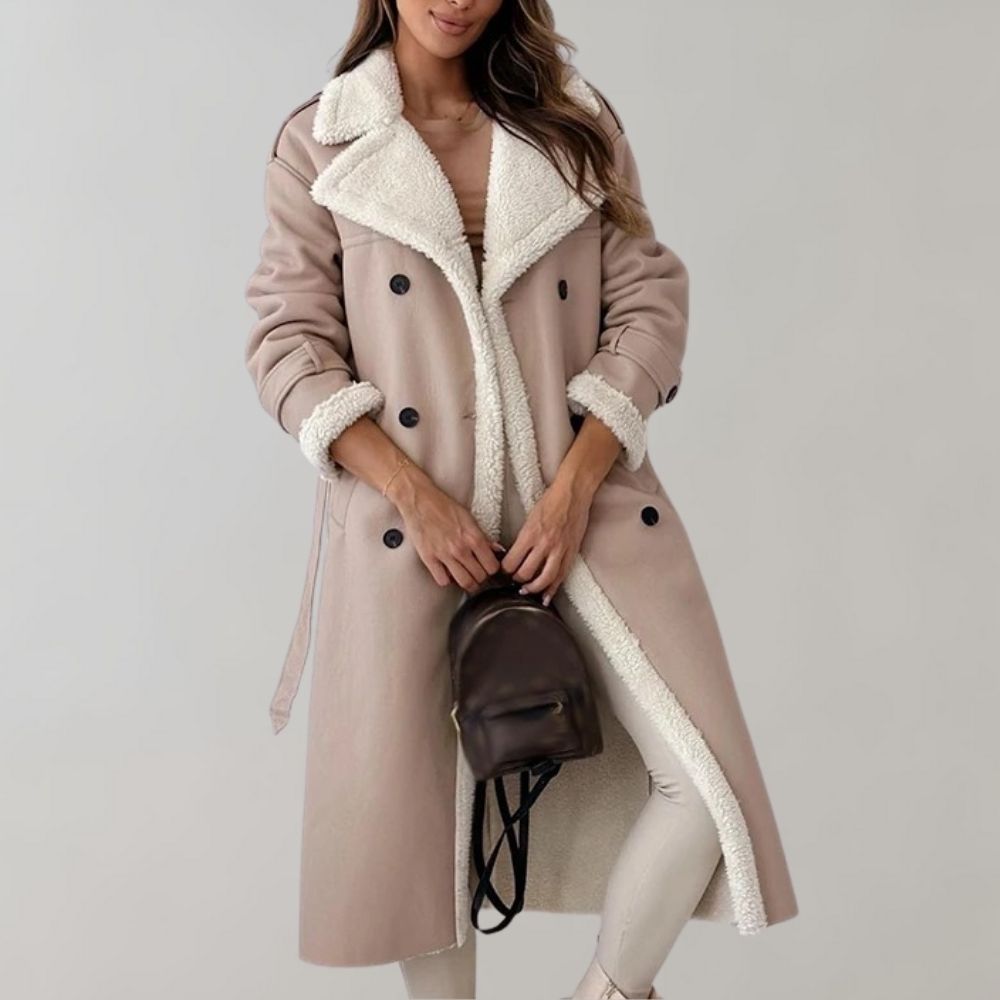 Women’s Shearling-Lined Long Coat – Double-Breasted Winter Layer with Belted Details
