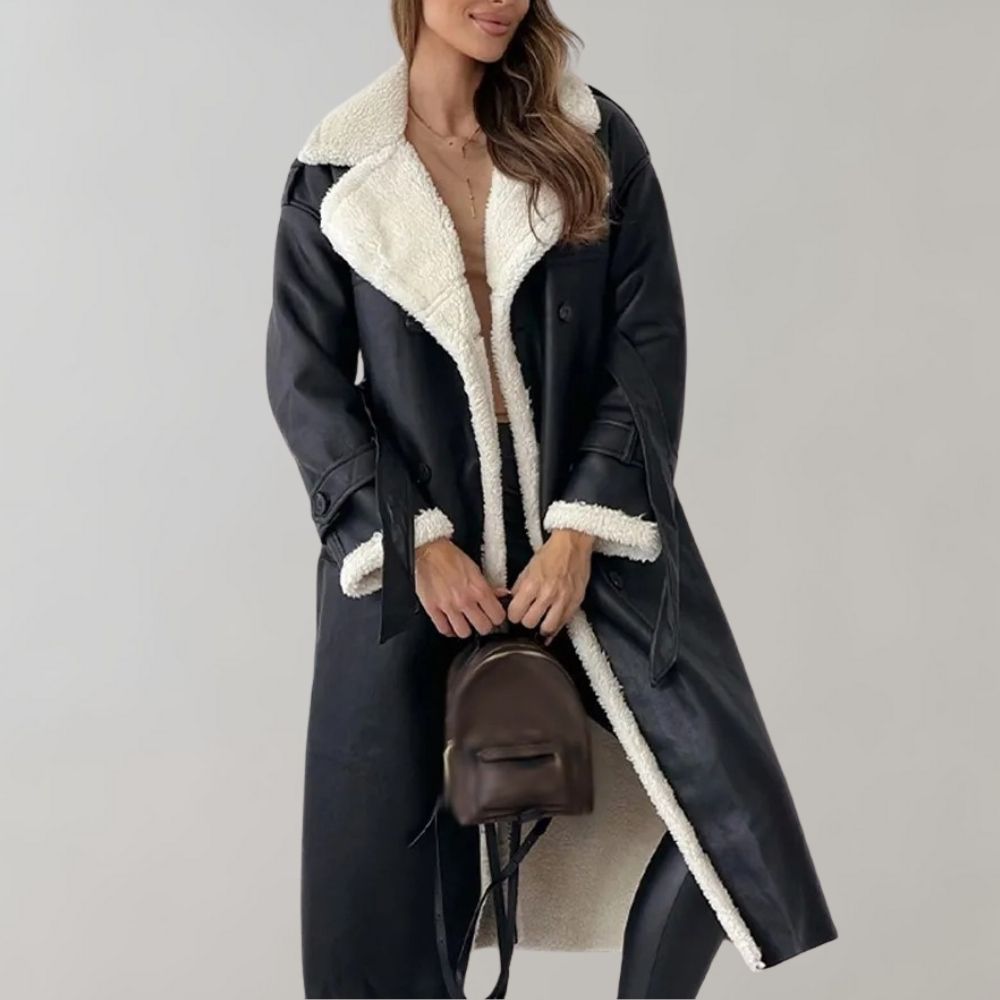 Women’s Shearling-Lined Long Coat – Double-Breasted Winter Layer with Belted Details