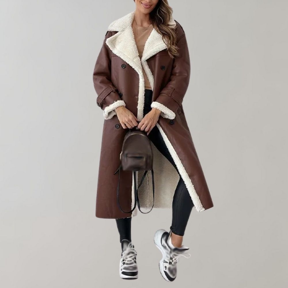 Women’s Shearling-Lined Long Coat – Double-Breasted Winter Layer with Belted Details