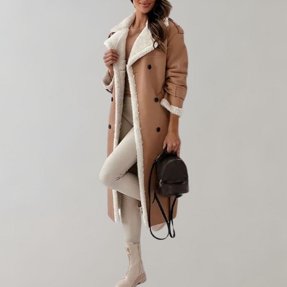 Women’s Shearling-Lined Long Coat – Double-Breasted Winter Layer with Belted Details