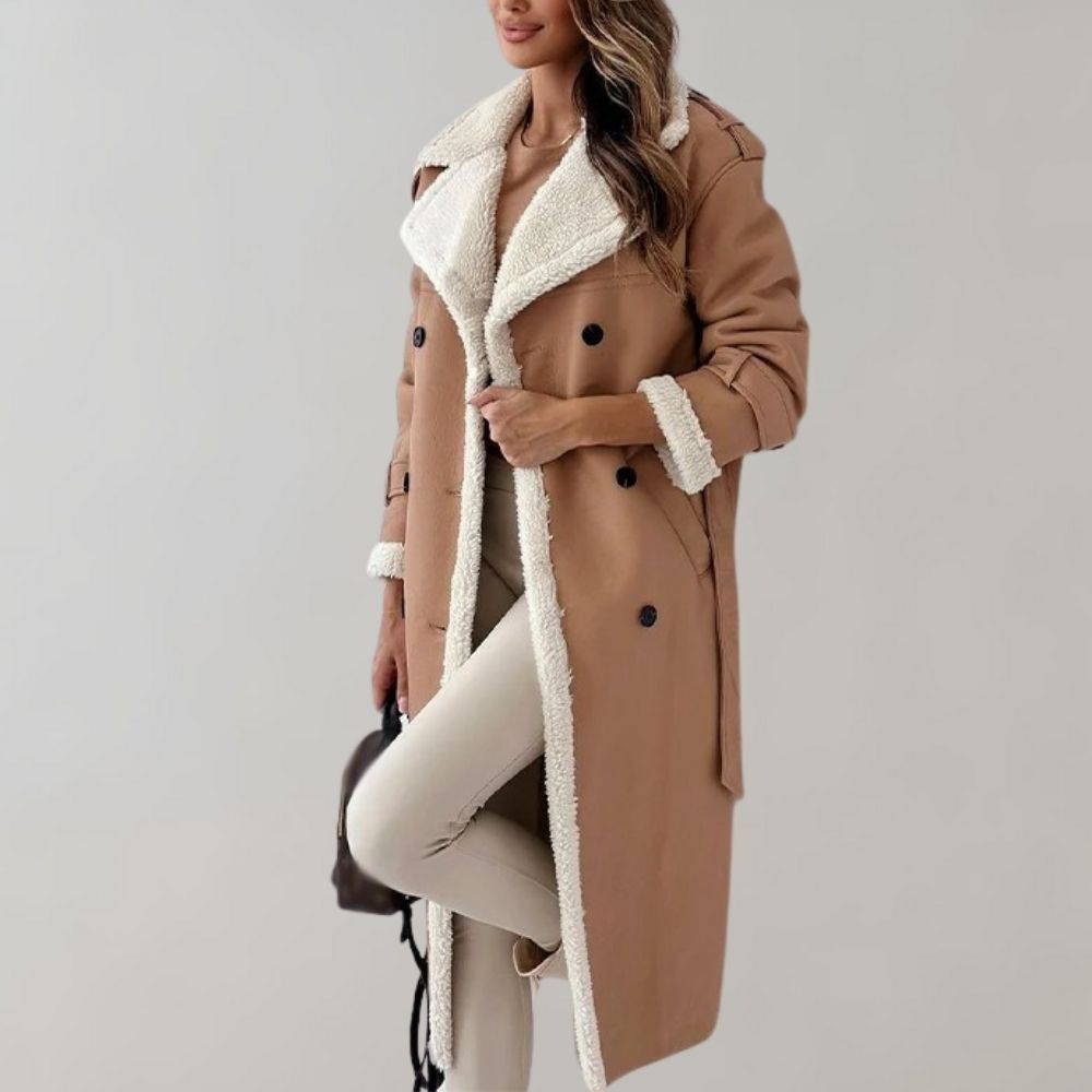 Women’s Shearling-Lined Long Coat – Double-Breasted Winter Layer with Belted Details