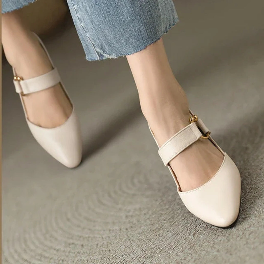 Dámské lodičky Mary Jane se špičatou špičkou – slingback boty s blokovým podpatkem do kanceláře i na společenské události