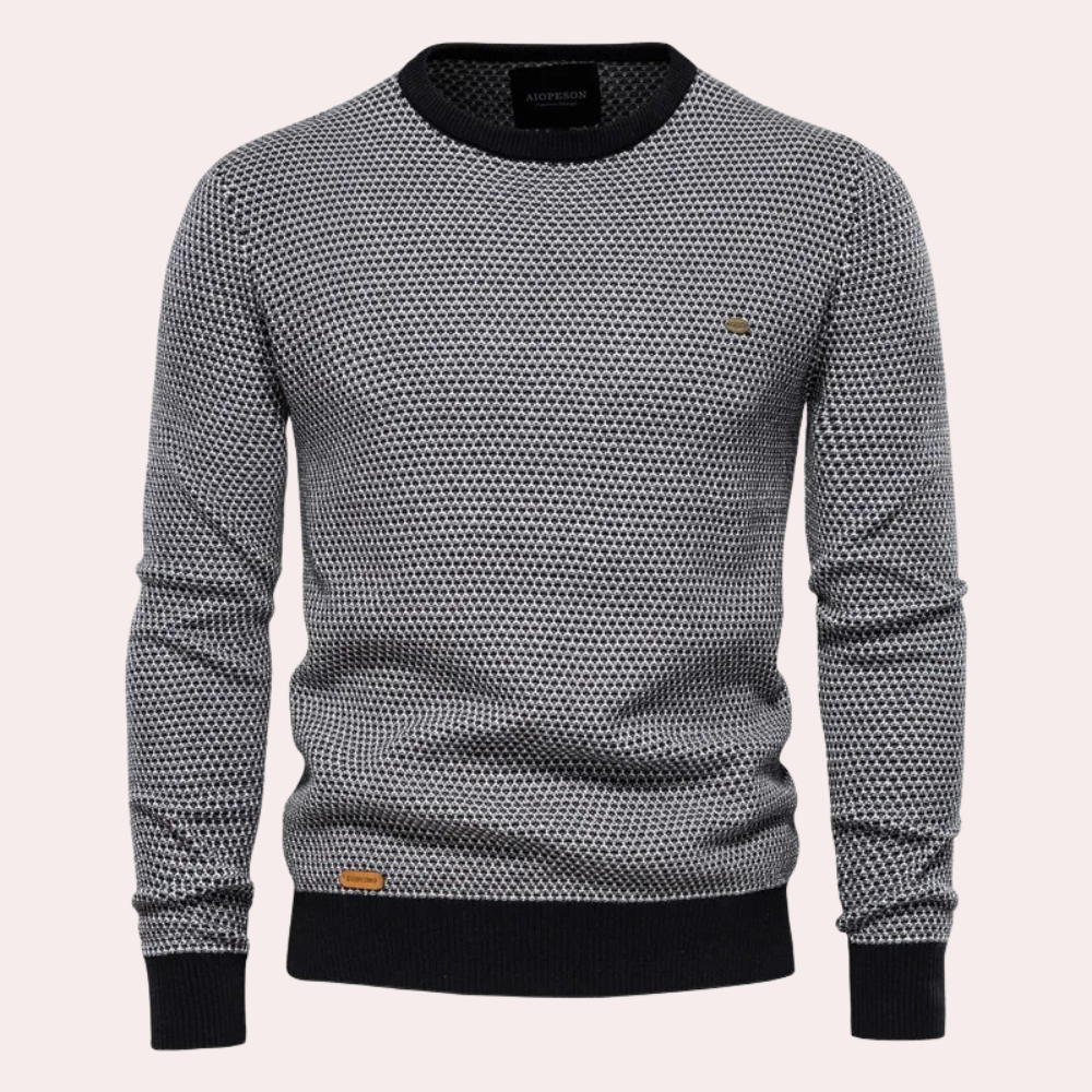 Herresweater med rund hals og tryk samt kontrastfarvet ribkant