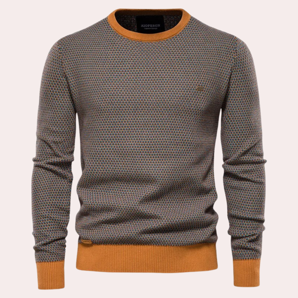 Herresweater med rund hals og tryk samt kontrastfarvet ribkant