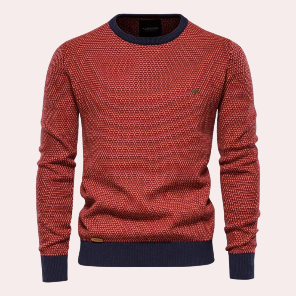 Herresweater med rund hals og tryk samt kontrastfarvet ribkant
