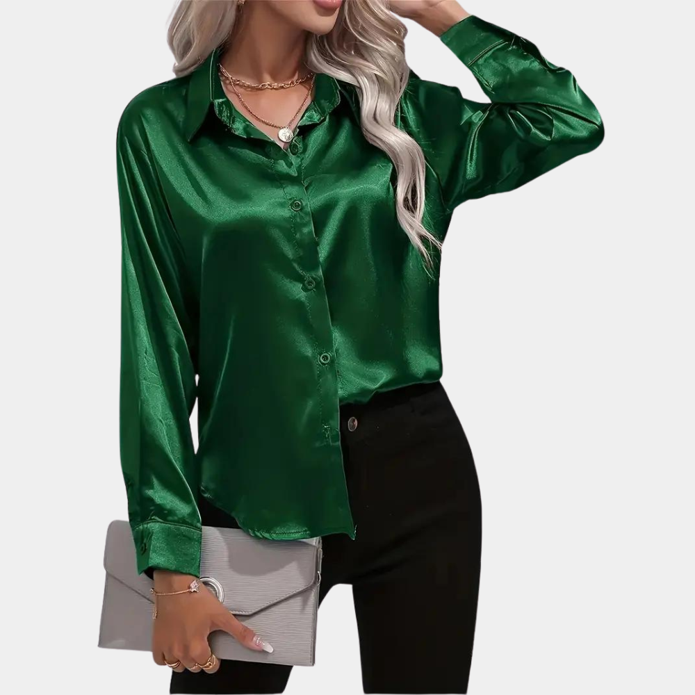 Chemisier satiné boutonné pour femme – Style brillant à manches longues pour le bureau et les soirées