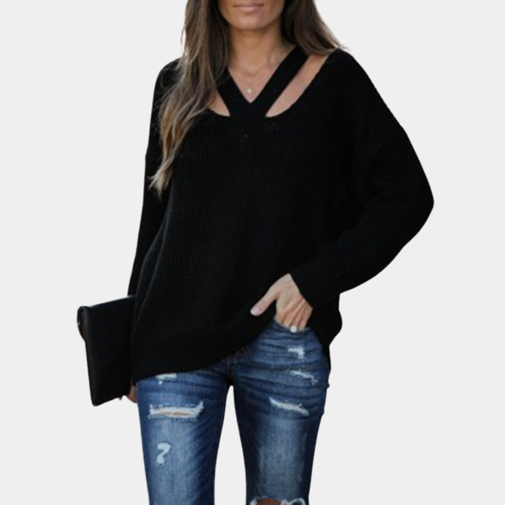 Women’s Cutout V-Neck Knit Top – Relaxed Long-Sleeve Style for Spring and Autumn