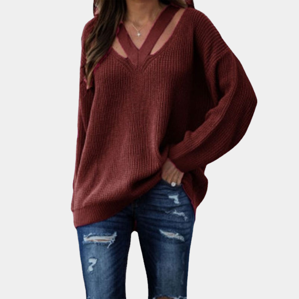 Women’s Cutout V-Neck Knit Top – Relaxed Long-Sleeve Style for Spring and Autumn