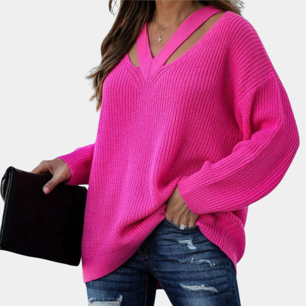Women’s Cutout V-Neck Knit Top – Relaxed Long-Sleeve Style for Spring and Autumn