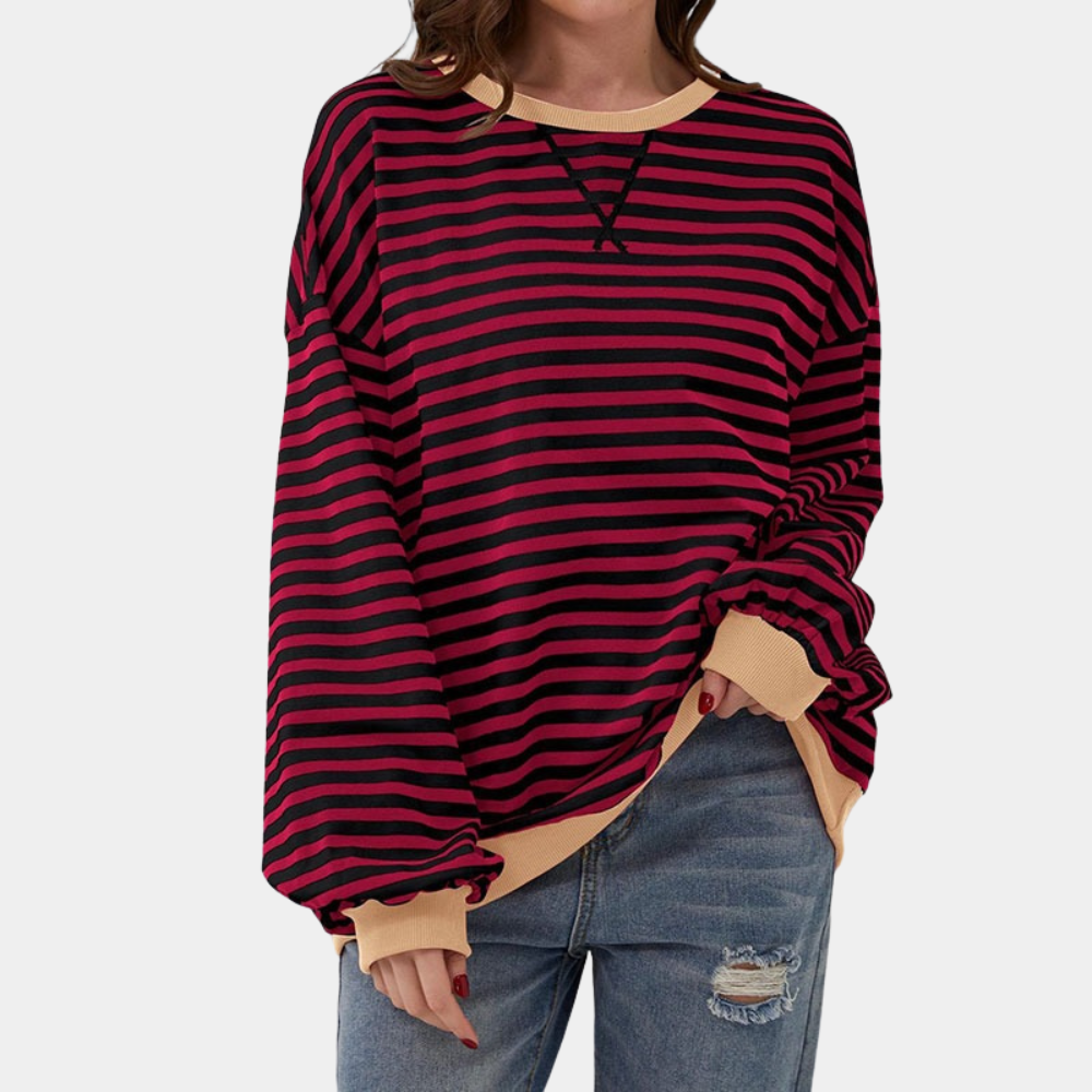 Camiseta de manga larga a rayas para mujer, de corte amplio, casual y cómoda