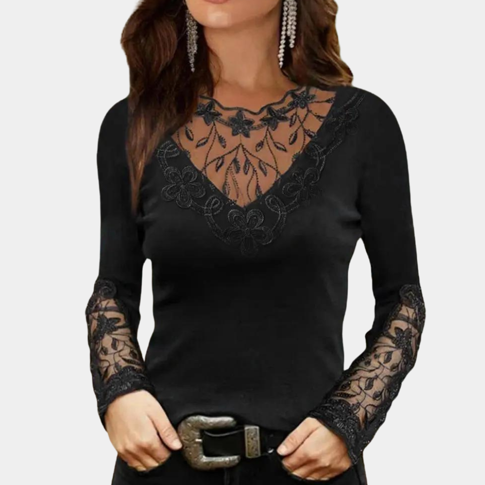 Elegante damesblouse met V-hals en transparante kanten inzetstukken met borduursel – Getailleerde top met lange mouwen voor avonden en nette casual outfits