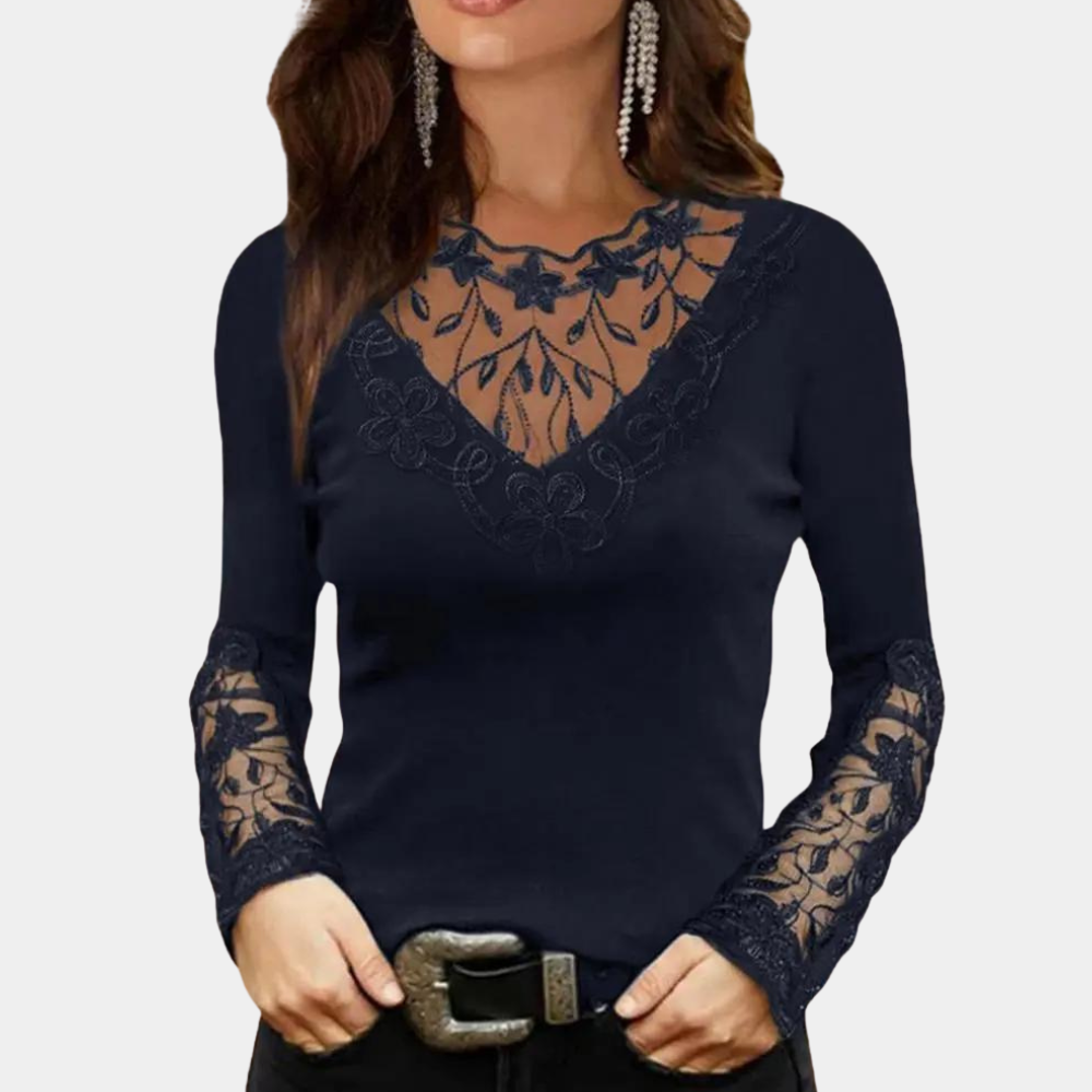 Elegante damesblouse met V-hals en transparante kanten inzetstukken met borduursel – Getailleerde top met lange mouwen voor avonden en nette casual outfits