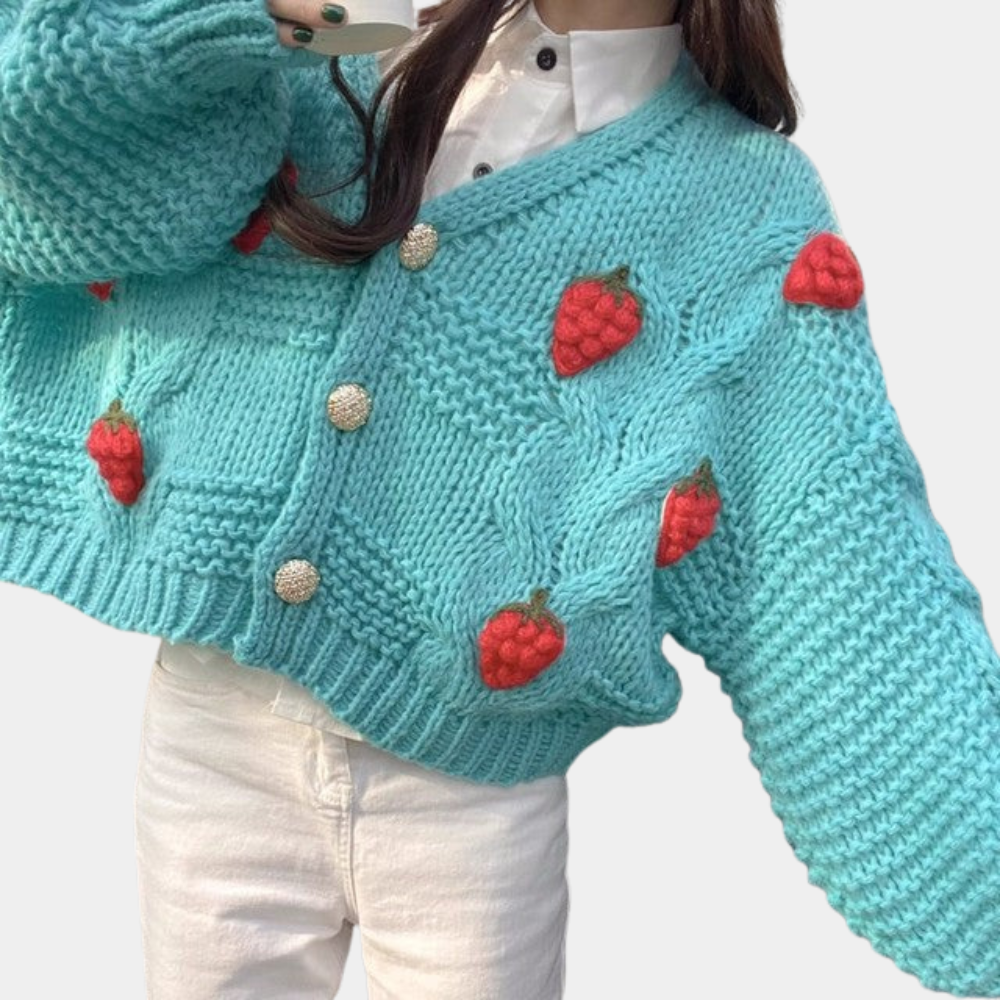 Grofgebreid damesvest met aardbeienapplicé - kort vest met V-hals, knopen aan de voorkant en soepelvallende lange mouwen voor de lente en herfst