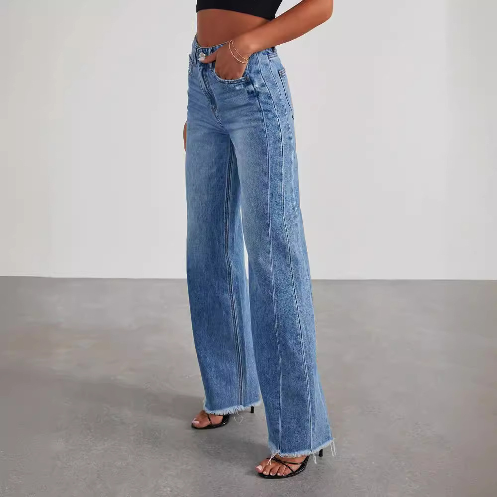 Damskie jeansy vintage z szerokimi nogawkami – jeans z wysokim stanem i efektem sprania do codziennego noszenia