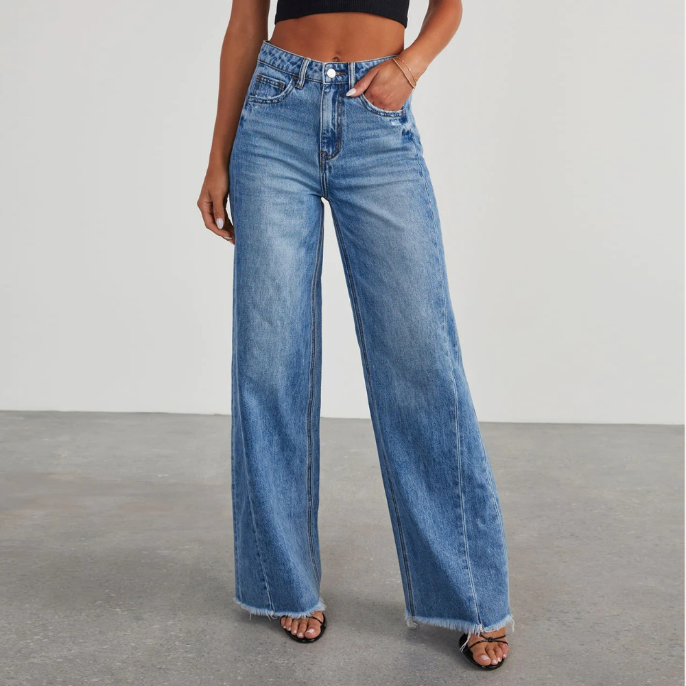 Damskie jeansy vintage z szerokimi nogawkami – jeans z wysokim stanem i efektem sprania do codziennego noszenia