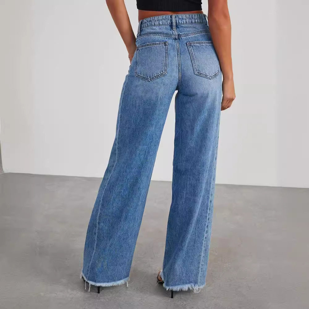 Damskie jeansy vintage z szerokimi nogawkami – jeans z wysokim stanem i efektem sprania do codziennego noszenia
