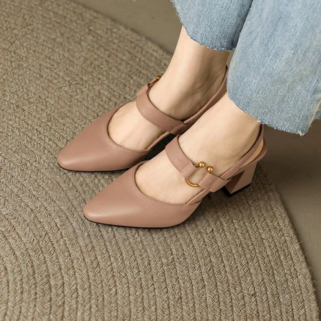 Dámské lodičky Mary Jane se špičatou špičkou – slingback boty s blokovým podpatkem do kanceláře i na společenské události