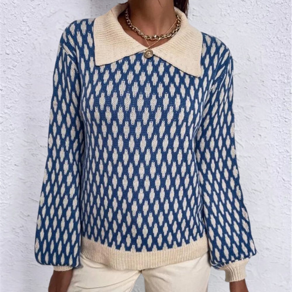Pulover tricotat cu model pentru femei, cu guler contrastant și nasture decorativ - stil retro cu croială lejeră și mâneci lungi, pentru ținute smart casual de zi cu zi