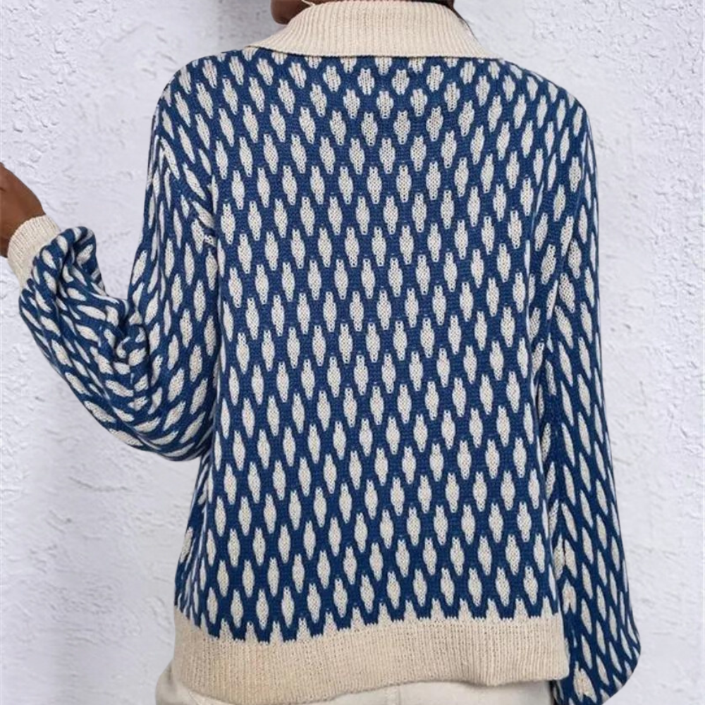 Pulover tricotat cu model pentru femei, cu guler contrastant și nasture decorativ - stil retro cu croială lejeră și mâneci lungi, pentru ținute smart casual de zi cu zi