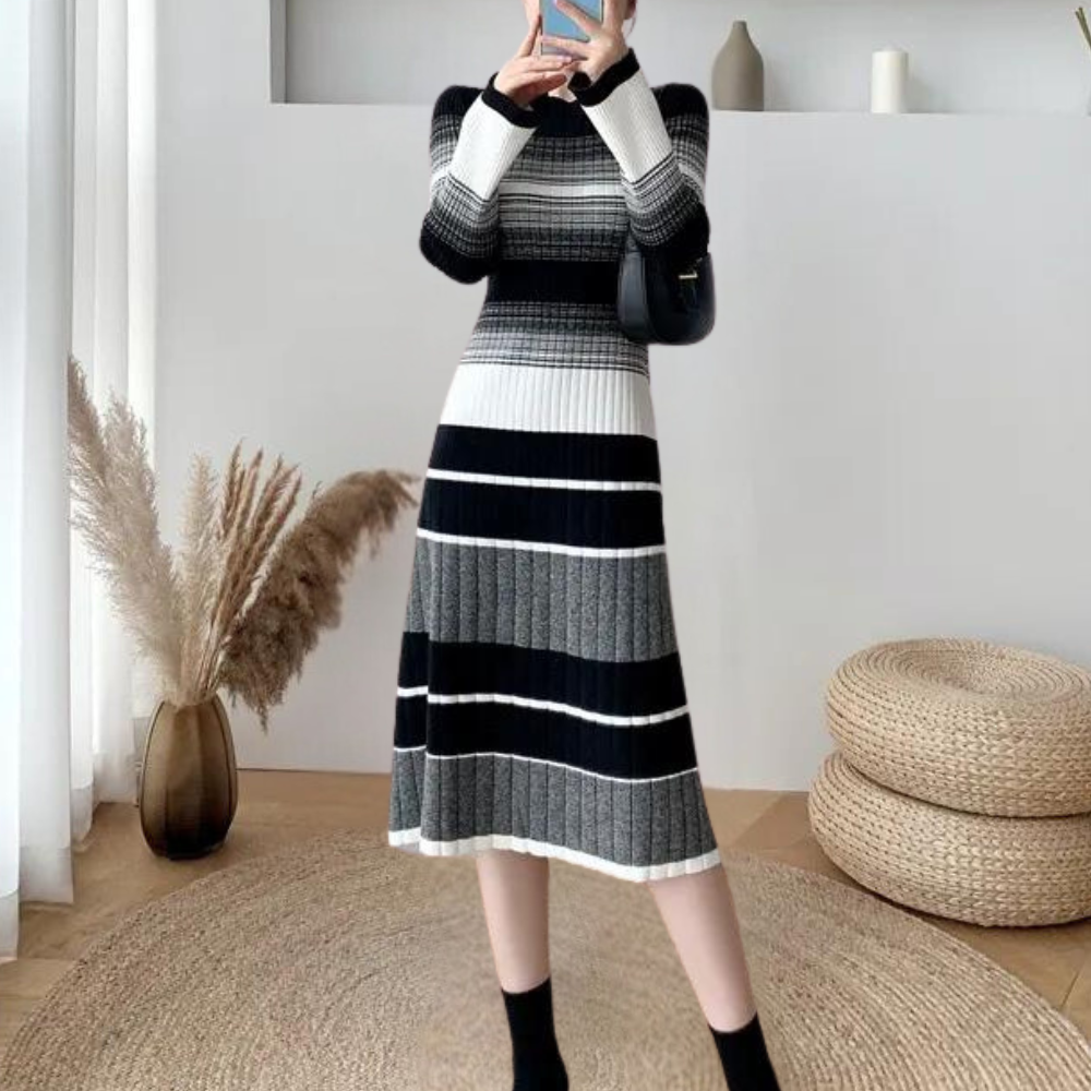 Vestido midi de malha às riscas para senhora – Estilo justo de mangas compridas e canelado para usar no dia a dia informal elegante no outono e no inverno