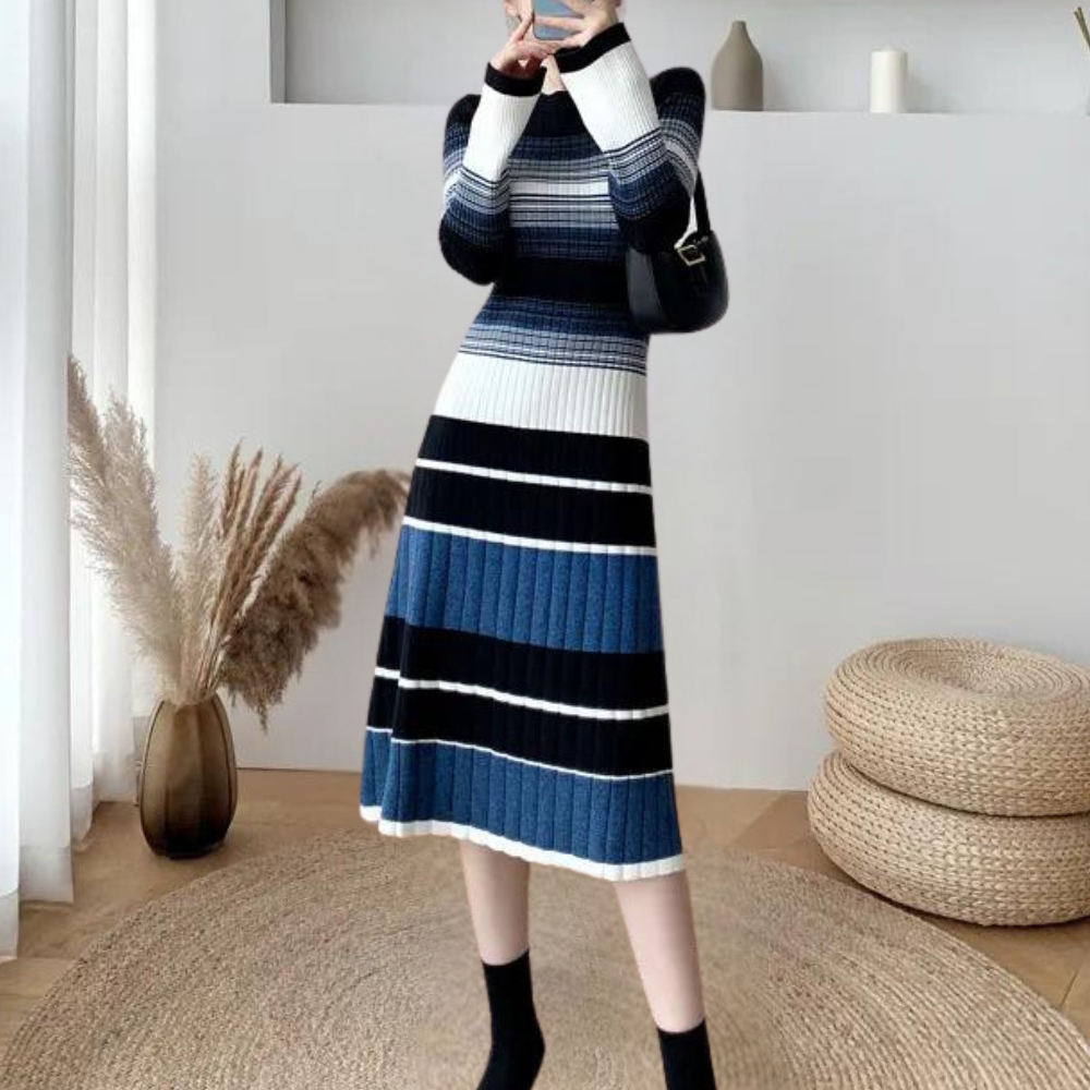 Vestido midi de malha às riscas para senhora – Estilo justo de mangas compridas e canelado para usar no dia a dia informal elegante no outono e no inverno