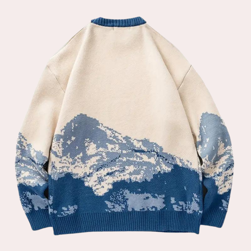 Męski oversize'owy sweter dziany z nadrukiem i prążkowanymi wykończeniami