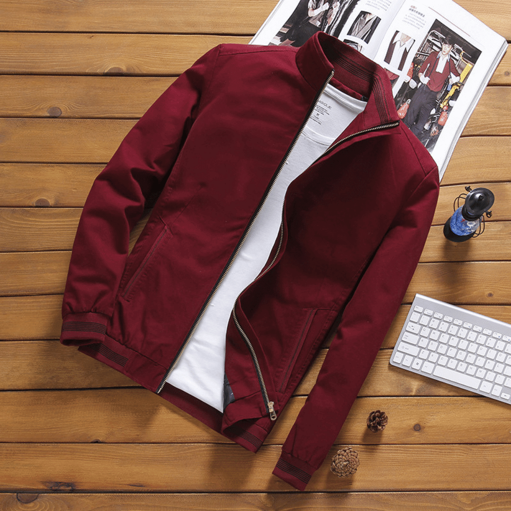 Męska kurtka bomberka zapinana na zamek ze stójką – prążkowane ściągacze w paski do eleganckich stylizacji casualowych