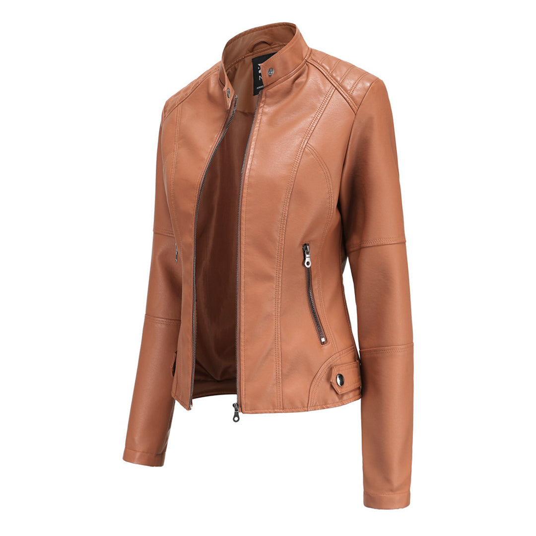 Women’s Faux Leather Biker Jacket – Fitted Zip-Up Layer for Autumn City Wear